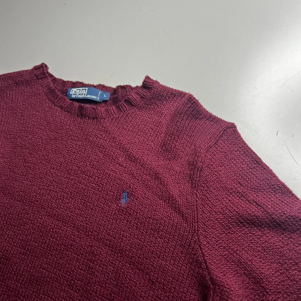 Polo Ralph Lauren‎ Mens Large Burgundy Maroon 100% Cotton Crewneck Knit Sweater